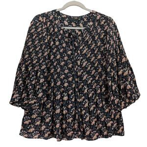 Ann Taylor Floral Tunic S Black Blouse Pleats Top Flowy Tie Neck Puff 3/4 Sleeve